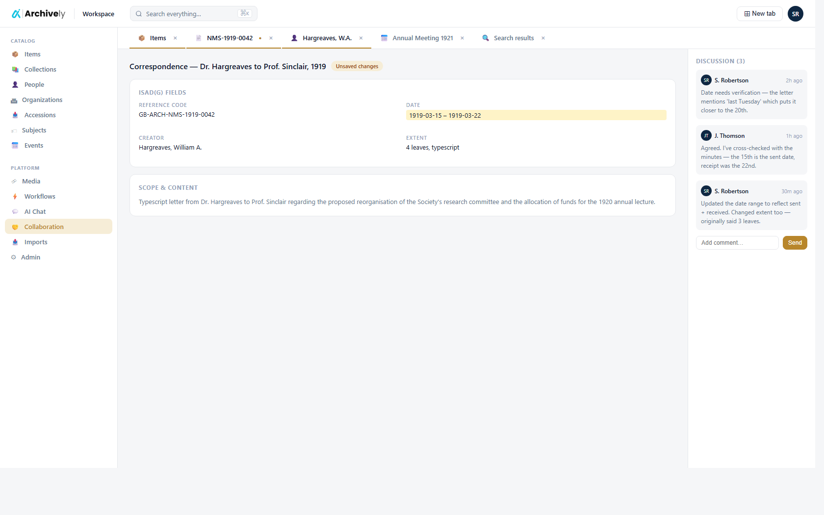 Tabbed workspace with team chat panel