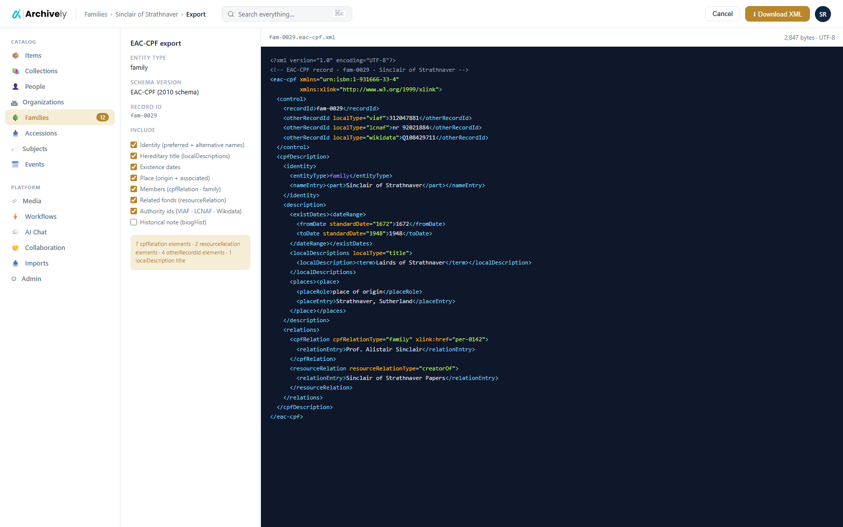 EAC-CPF family record export with cpfRelation and localDescriptions