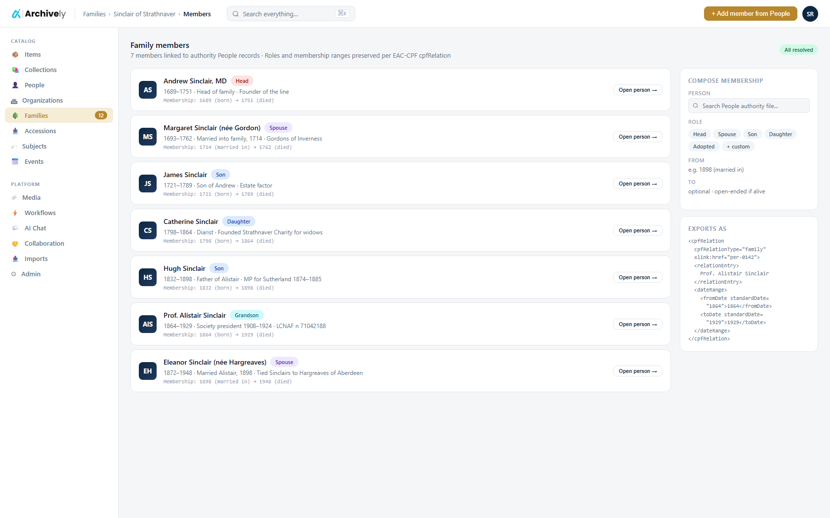 Family members panel with linked person records and role + date range
