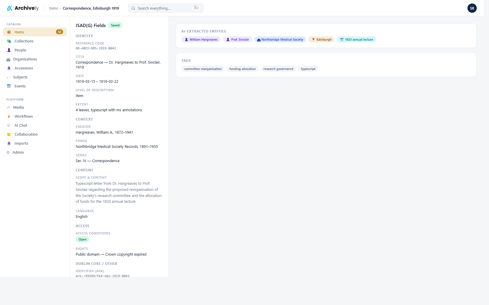 AI-assisted field editing in the item detail view