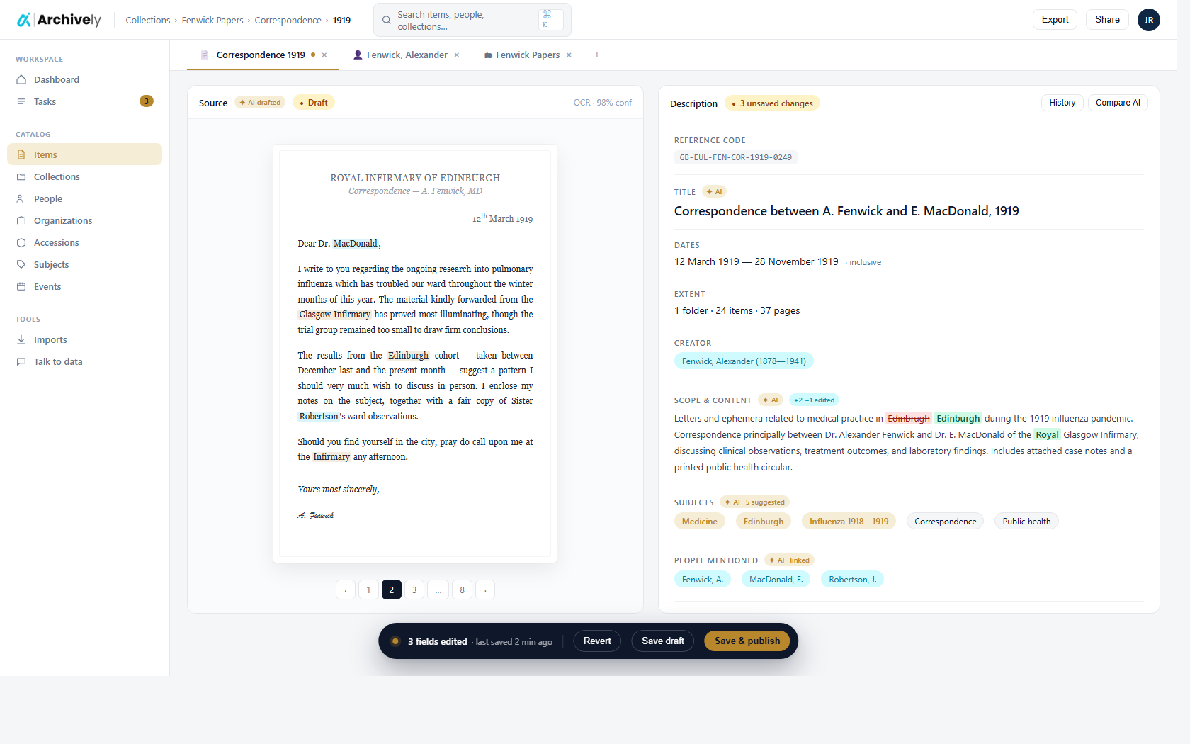 Item detail page with AI-drafted metadata