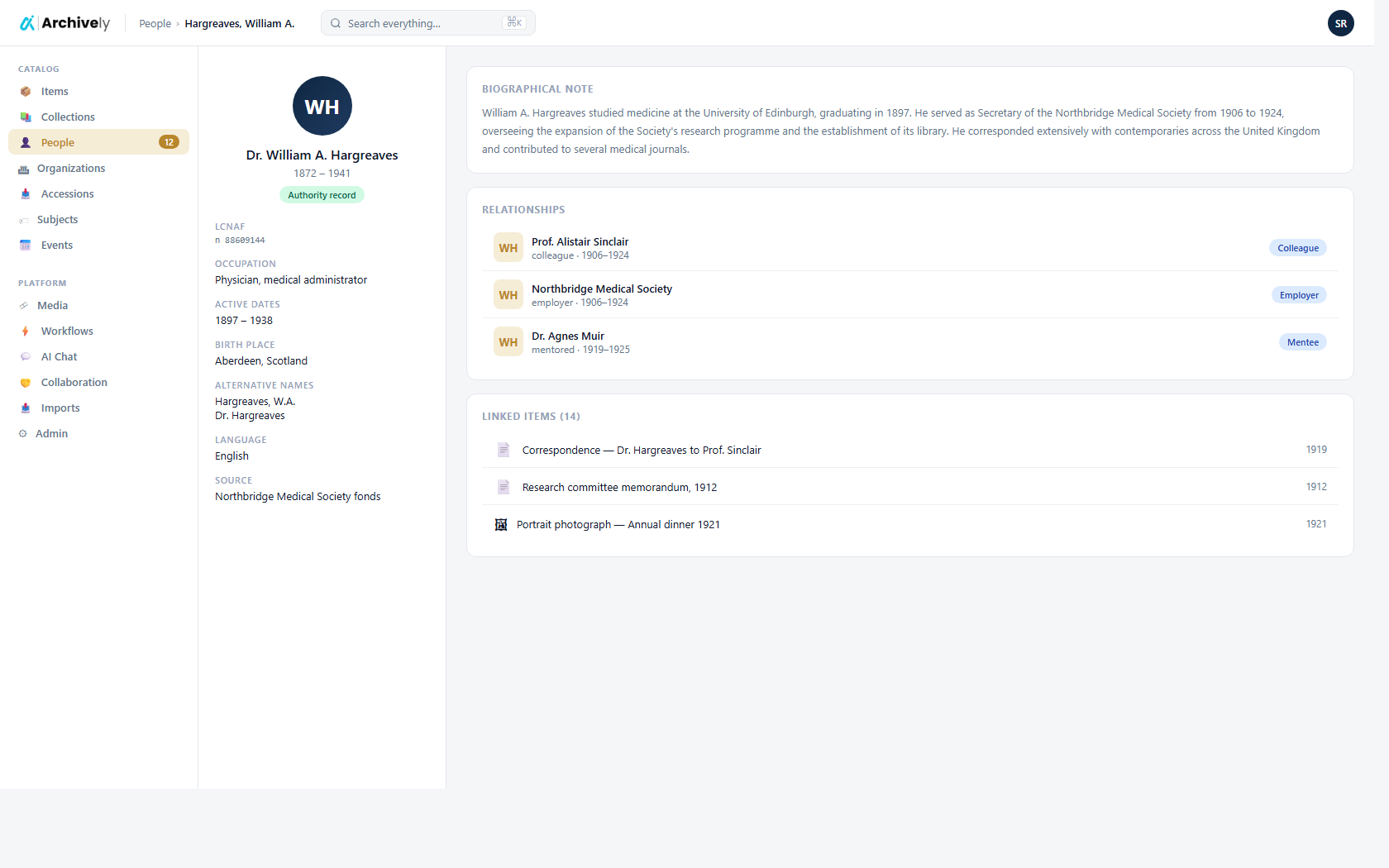 Person authority record with linked items